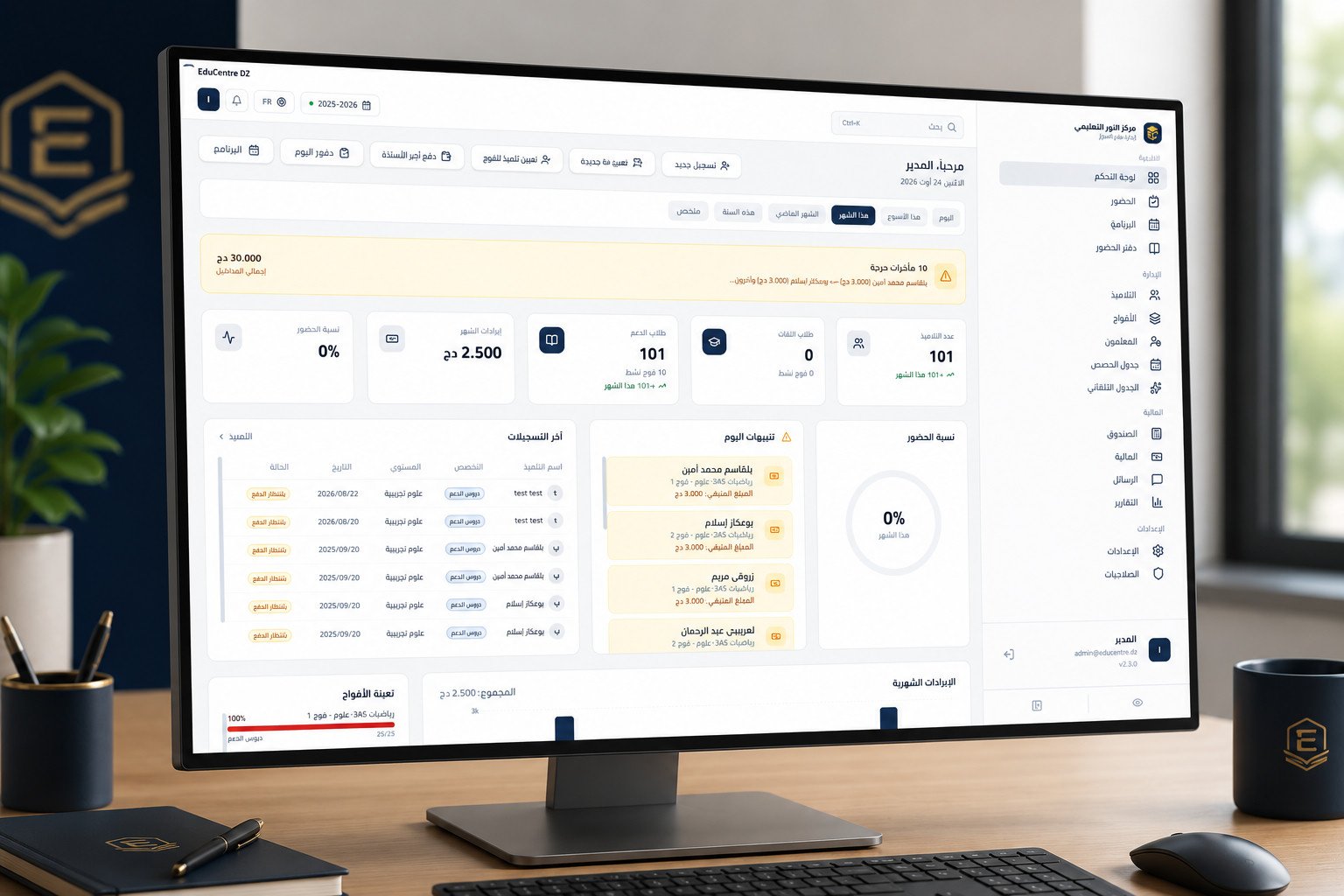 برنامج EduCentre DZ على شاشة مكتب الاستقبال: لوحة التحكم بالعربية بمؤشرات المركز وتنبيهات اليوم
